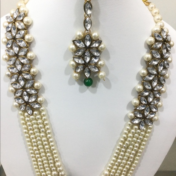 Green & white pearl pakistani bridal necklace set queen’s necklace - Picture 5 of 10